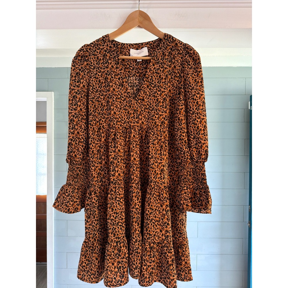 Pomander Place Leopard Print Tiered Mini Dress Smocked Cuff Brown XS HY23494MRT
